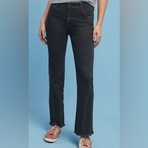 Pilcro Anthropologie High Rise Flare Black Jeans Front Seam Raw Hem 32 - Picture 2 of 15